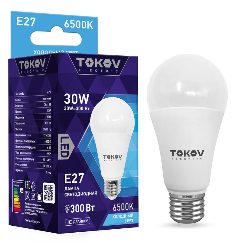 Лампа светодиодная 30Вт А70 6500К Е27 176-264В TOKOV ELECTRIC TKE-A70-E27-30-6.5K